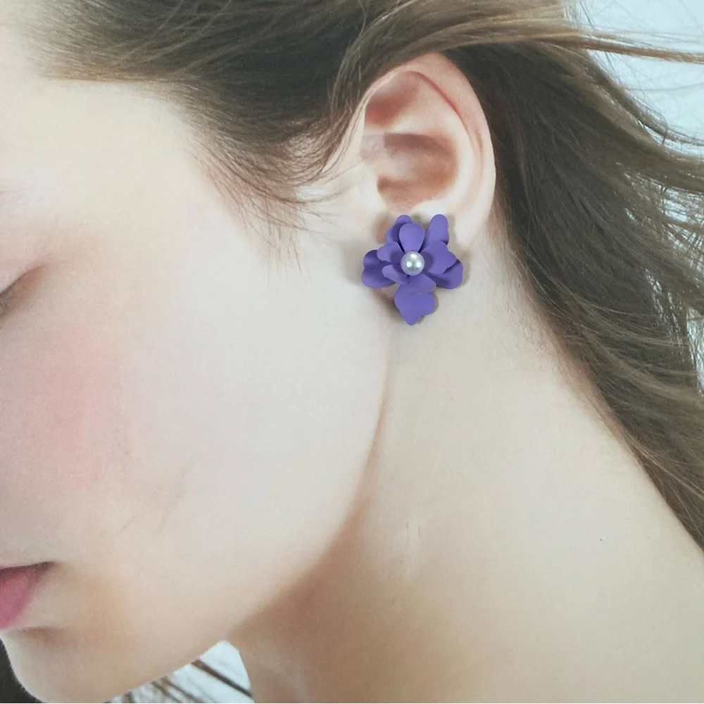 4/$15 Purple Flower With Pearl Beads Earrings